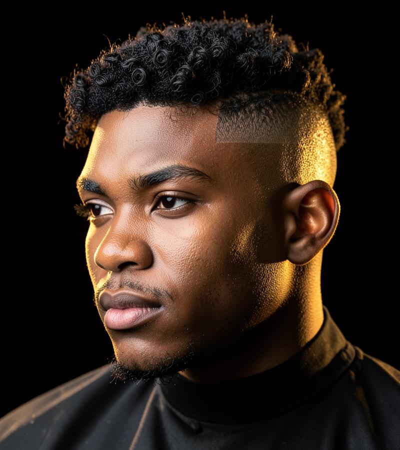 Coupe burst fade avec boucles