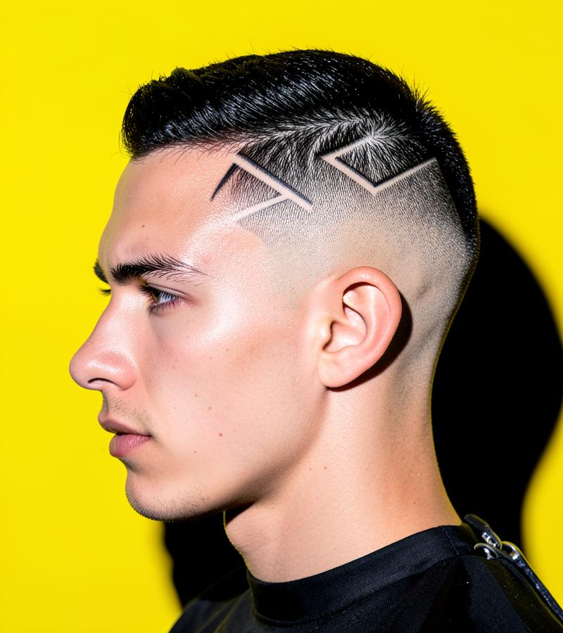 Coupe fade avec design géométrique